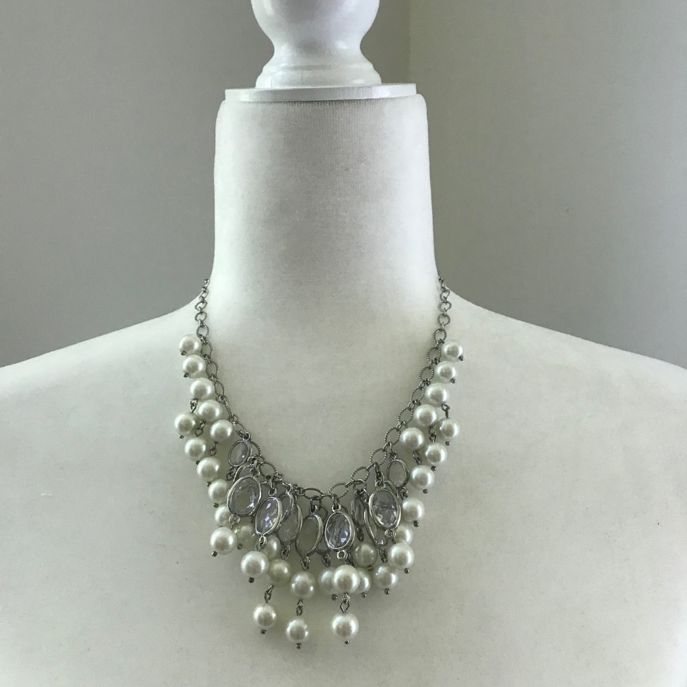 Talbots Faux Pearl and Clear Gemstone Statement Necklace